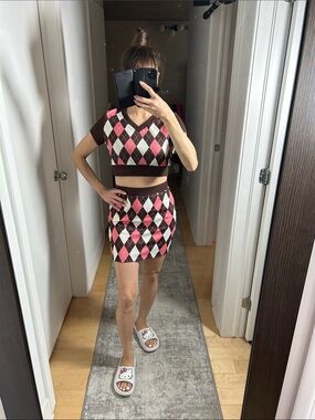 SHEIN Pink Brown Ivory Argyle Crop Top & Mini Skirt Set Size M (Fits S)